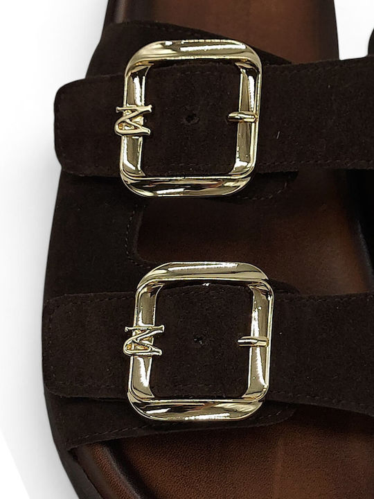 Deri Damen Flache Sandalen Braun