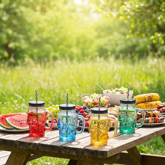 Relaxdays Set Glasses Cocktail/Drinking from Glass in Blue Colour with Straw 4 Pieces