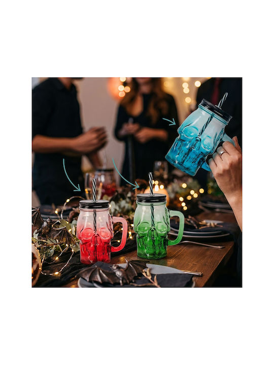 Relaxdays Set Pahare Din Sticlă Albastră Cu Pai 4 Bucăți
