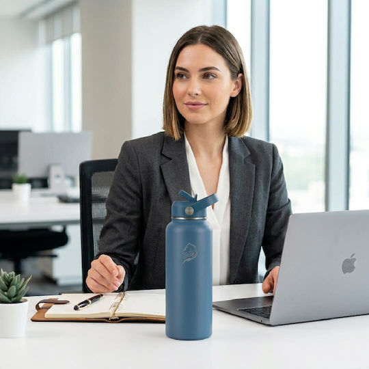 Cool'NMore Stainless Steel Thermos Bottle BPA Free 1.2lt Denim with Mouthpiece Loop Straw and Handle