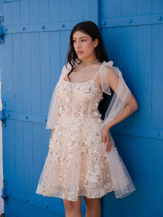 Mini Evening Dress with Tulle and Mesh Beige