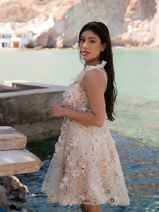 Mini Evening Dress with Tulle and Mesh Beige