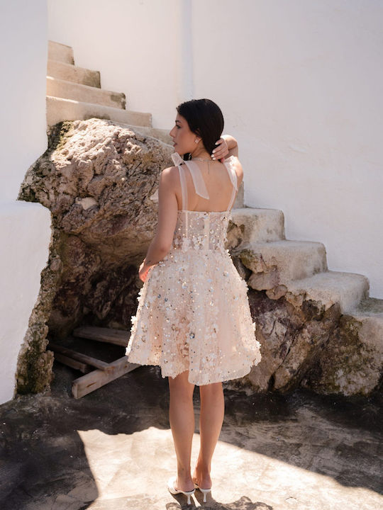 Mini Evening Dress with Tulle and Mesh Beige