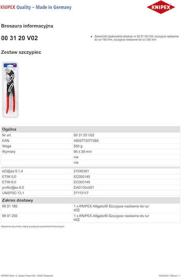 Knipex Alligator Plumbing Pliers Set 250mm
