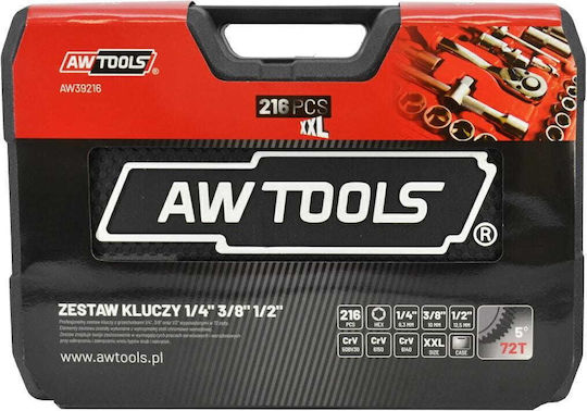 AWTools Ратчетни и гнездови гарнитури 1\4" & 3\8" & 1\2" 216бр