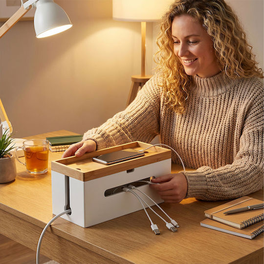 Relaxdays Bamboo Cable Box White 0