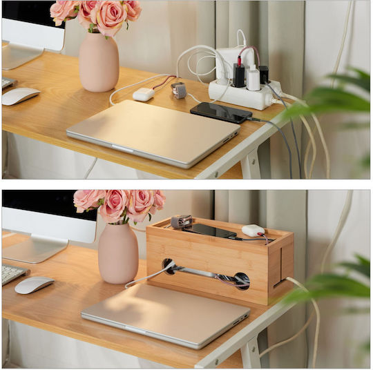 Relaxdays Cutie Organizator Pentru Cabluri Bambus Natur 14x34.5x14cm 2 Prize