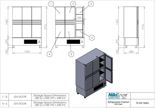 Niki Inox Frigider comercial cu cameră cu 6 uși L134xA70xÎ186cm