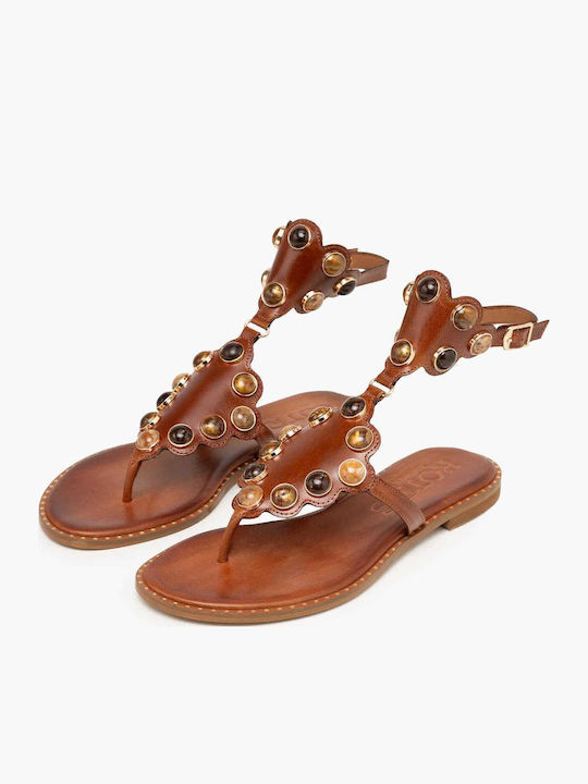 Leather Women's Flat Sandals Tabac Brown