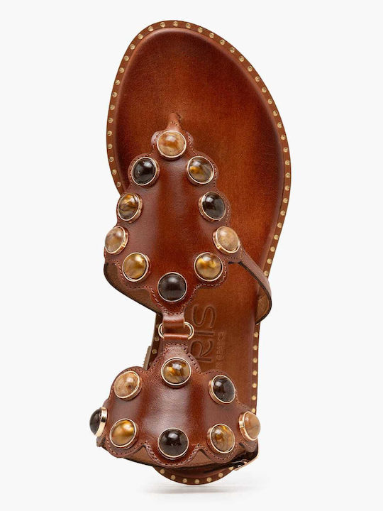 Leather Women's Flat Sandals Tabac Brown