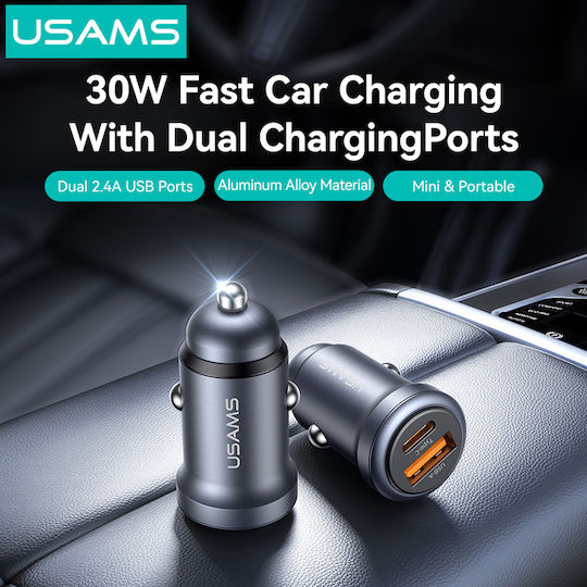 Usams CC322 Car Charger 30W Fast Charging with Ports 1xUSB 1xType-C Orange Colour