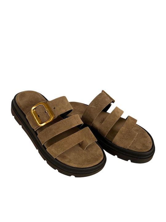 Leather Women's Flat Sandals Flatforms Brown