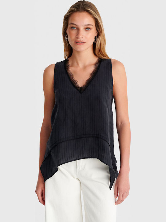 Women's Sleeveless Striped Black Blouse