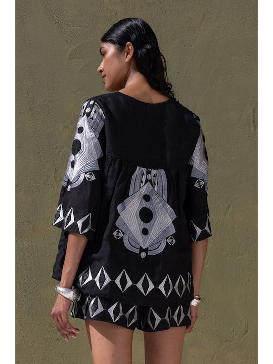 Women's Blouse with 3/4 Sleeve & V-Neckline Black Silver