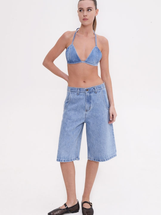 Damen Sommer Baumwollbluse mit Spaghetti-Träger Mittelblau