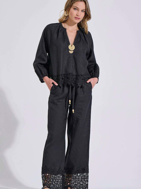 Women's Summer Linen Blouse with 3/4 Sleeve and V-Neck Black