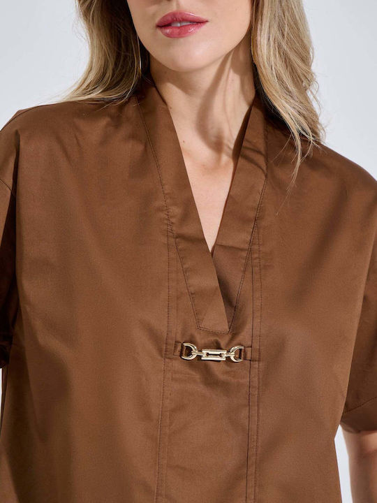 Women's Cotton Short Sleeve Top with V-Neck Brown 10-180336-0
