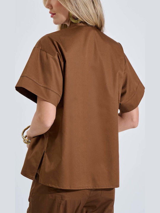 Women's Cotton Short Sleeve Top with V-Neck Brown 10-180336-0
