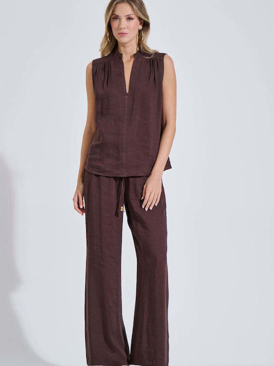 Women's High Waist Pantaloons with Rubber Band in Relaxed Fit Brown