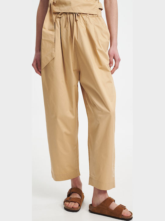 Collectiva Noir Women's Leather Trousers with Rubber Band Tapered Beige