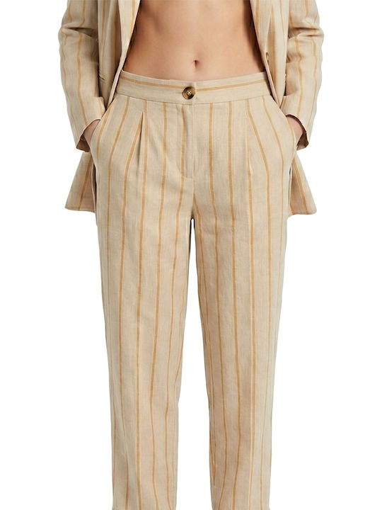 Women's High Rise Fabric Trousers Striped Yellow-Beige