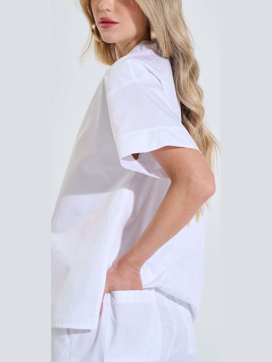 Women's Fabric Trousers with Rubber Band in Loose Fit White