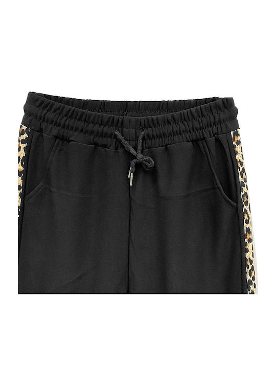Damen Stoffhose mit Gummiband Leopard Schwarz