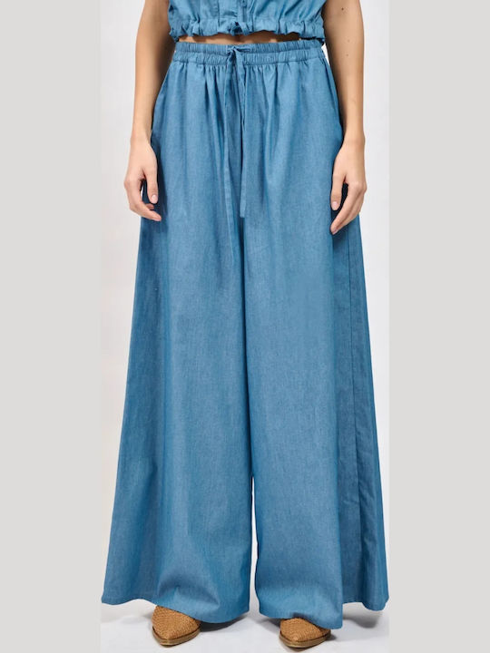 Collectiva Noir Pants Women's Fabric Trousers with Rubber Band Light Blue