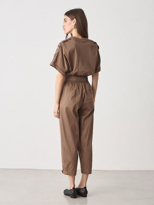 Damen Hochgeschnittenes Stoffhose mit Gummiband in Karotte Passform Braun