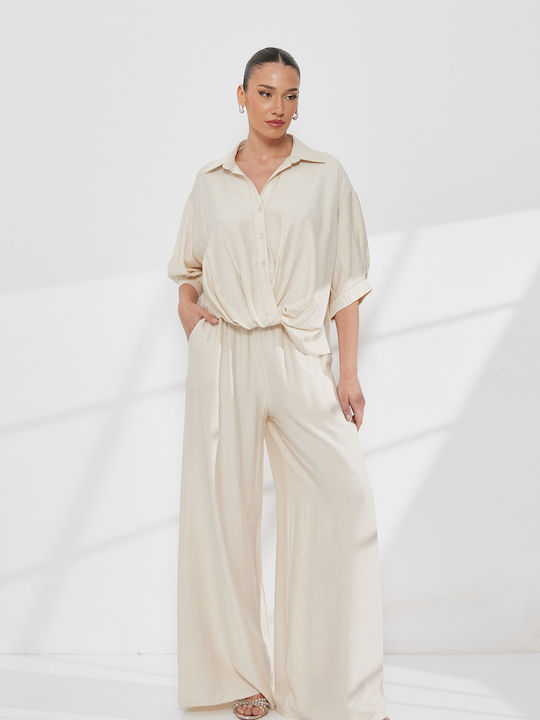 Women's Cream Set with High Rise Trousers in Relaxed Fit
