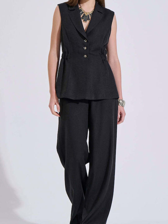 Women's High Waist Linen Trousers in Straight Leg Style Black