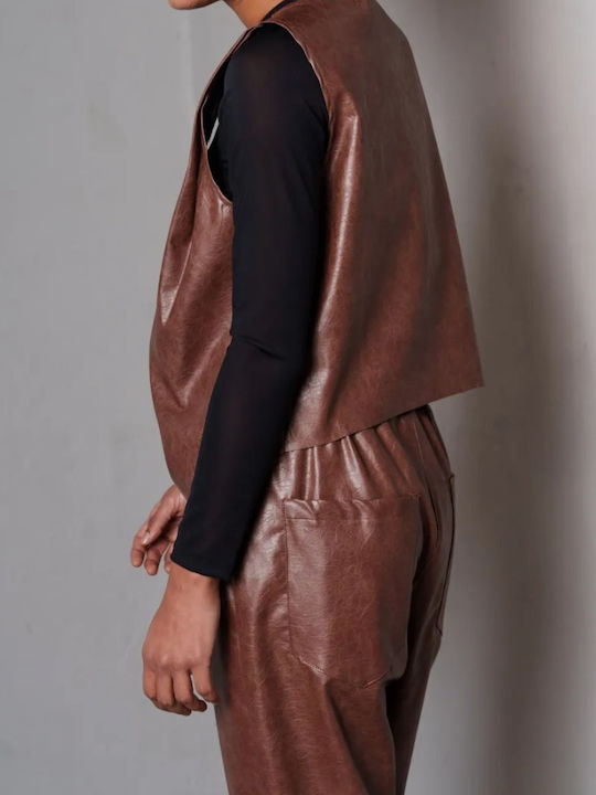 Women's Leather Trousers with Rubber Band in Carrot Fit Brown
