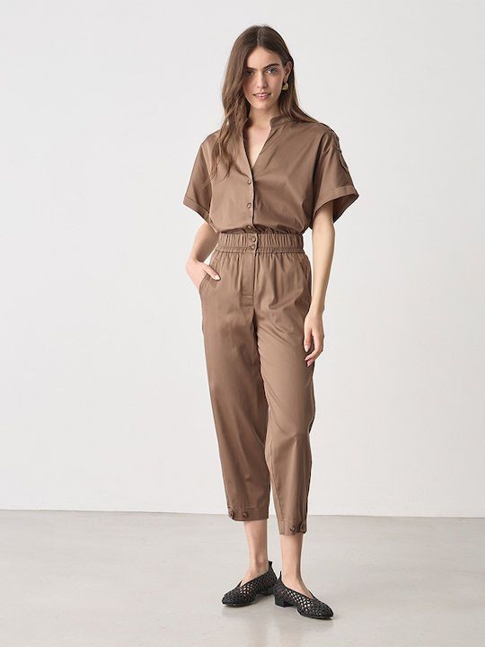 Damen Hochgeschnittenes Stoffhose mit Gummiband in Karotte Passform Braun