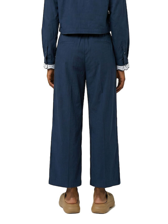 Women's Fabric Trousers with Rubber Band in Straight Leg Style Blue