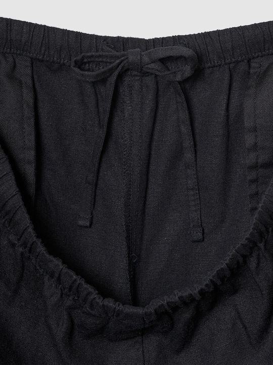 Women's Linen Trousers with Rubber Band in Relaxed Fit Black