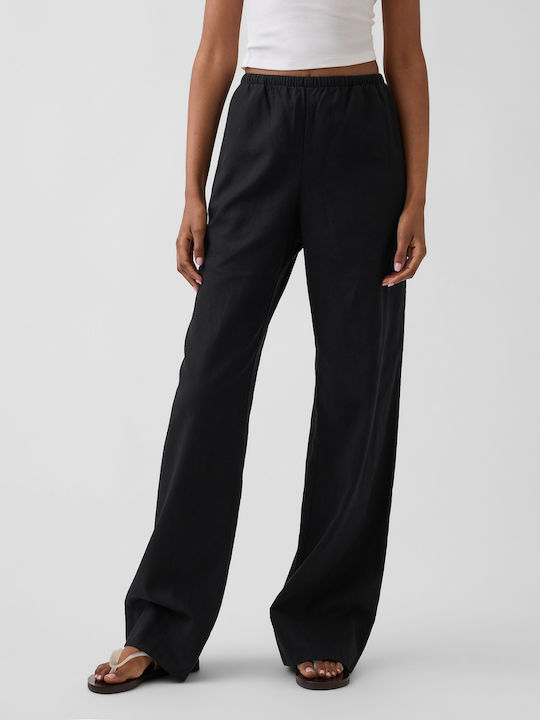 Women's Linen Trousers with Rubber Band in Relaxed Fit Black