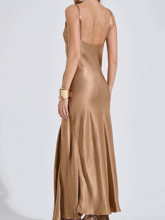 Summer Maxi Evening Dress Open Back with Ruffles Gold