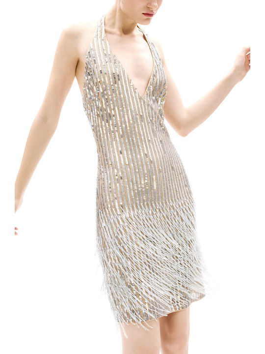 Mini Abendkleid Off-Shoulder Beigegrau- silber