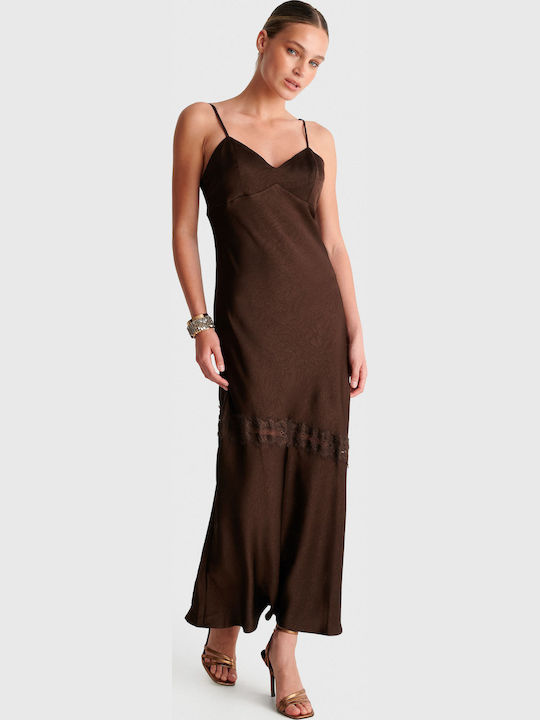 Maxi Slip Dress for Wedding - Christening Satin with Lace Brown