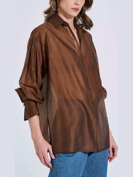 Long Sleeve Women's Shirt Brown 10-150319-0 Brown S/M