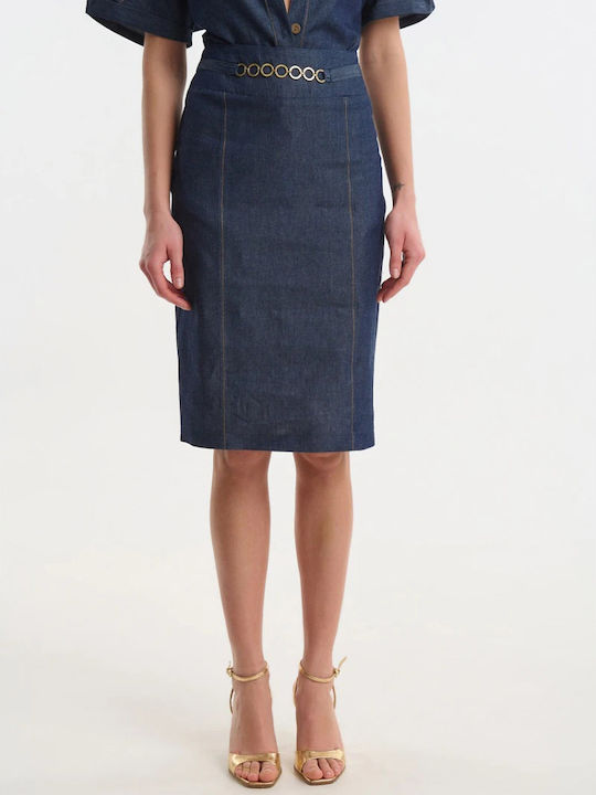 Fustă Midi Talie Înaltă Din Denim Albastră