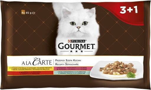 Gourmet Nasses Katzenfutter mit Huhn, Rindfleisch, Forelle, Fisch, Fleisch, Gemüse und Spinat 48x85g