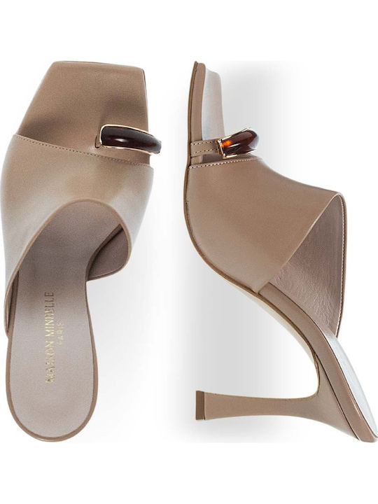 Leather Mules with Heel in Brown Colour