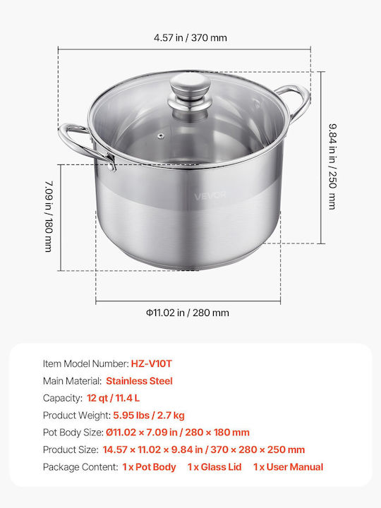 Vevor Βαθιά Ανοξείδωτη Κατσαρόλα Ατμού 11.4lt / 11.02cm