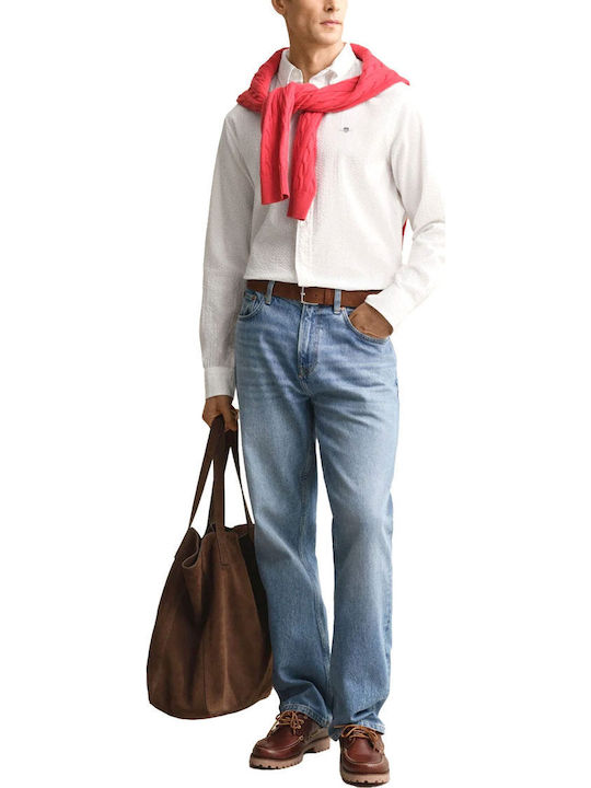 Seersucker Long Sleeve Cotton Shirt In Regular Fit White