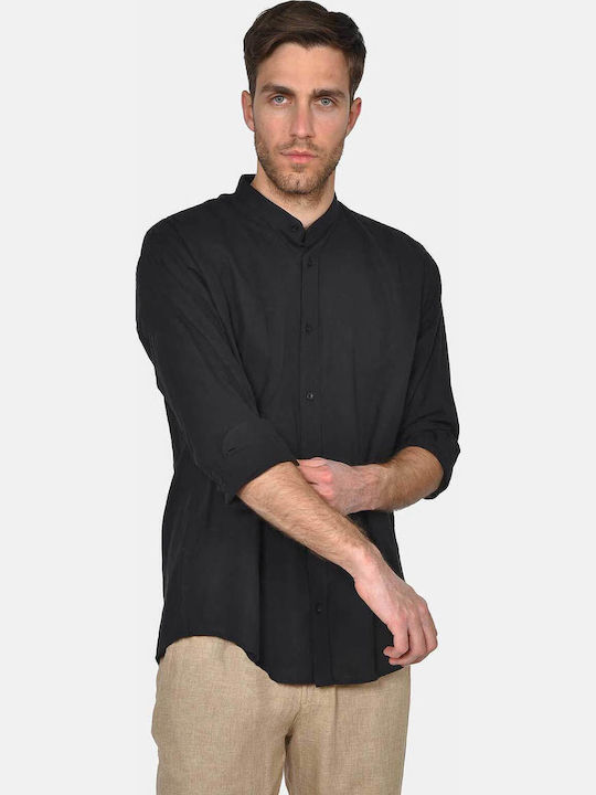 Long Sleeve Linen Shirt in Regular Fit Black