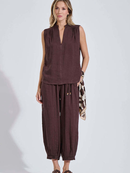 Women's Sleeveless Blouse with V-Neck Brown