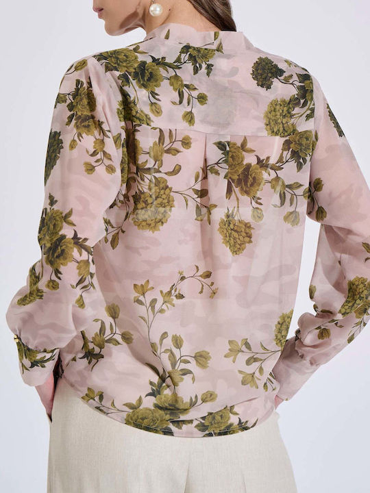 Women's Long Sleeve Blouse with V-Neck Floral Beige