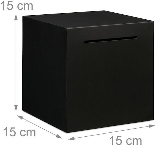 Relaxdays Cutie de Economii Cub din Oțel Inoxidabil 15x15x15 Cm Fără Deschidere Neagră