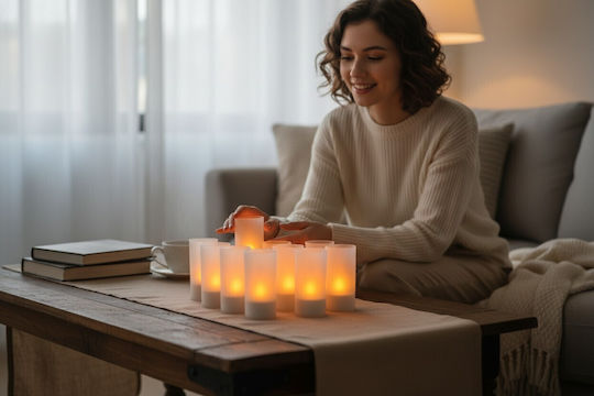 Декоративно Осветително Тяло База За Зареждане и LED Топло Бяла Свещ 12 Броя 28.5x9.5см